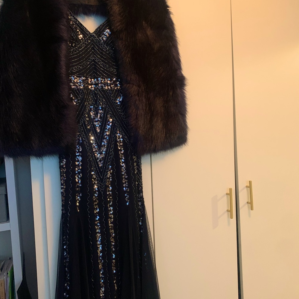 Size 4 Navy Blue Marina beaded gown and matching navy stole